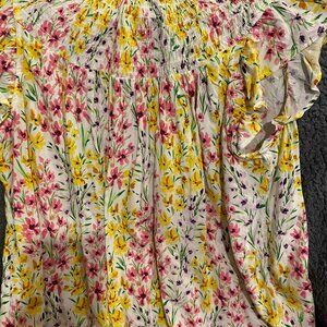 Crown & Ivy multi-color floral sleeveless ruffled smocked top